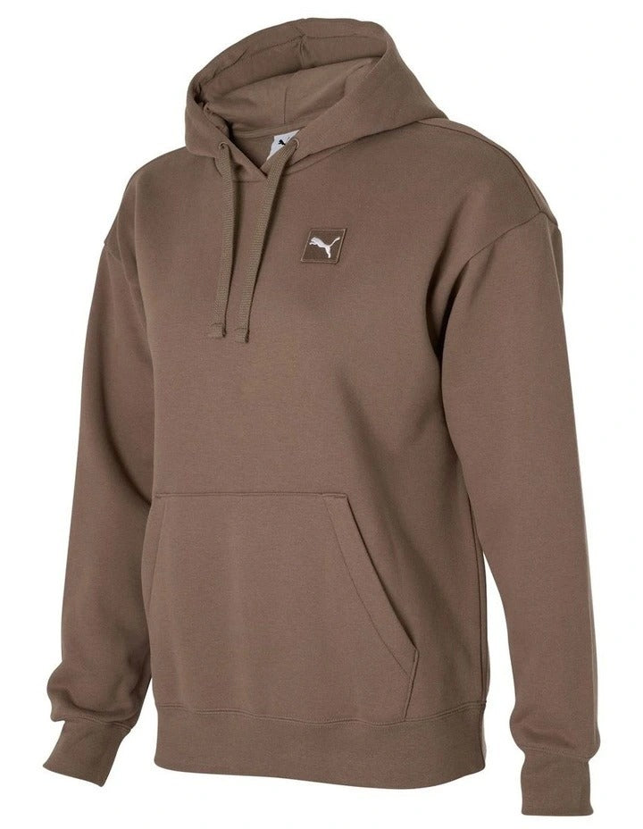 Brown hoodie with a small logo on a white background