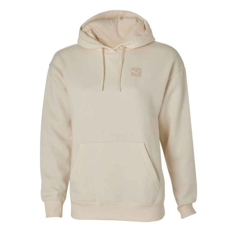 Beige hoodie with a small logo on the chest against a white background