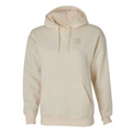Beige hoodie with a small logo on the chest against a white background