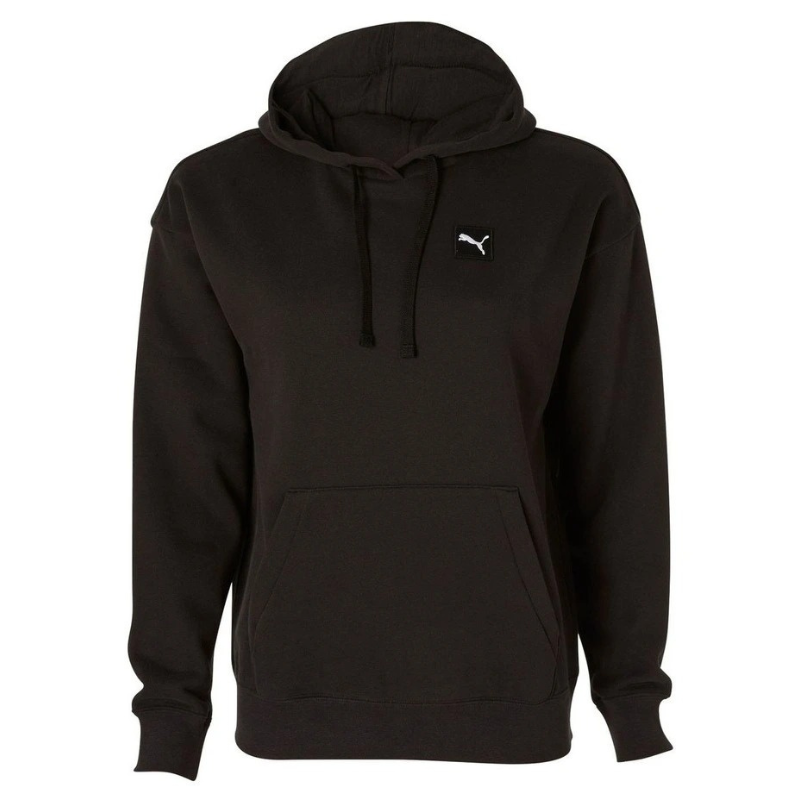 Black hoodie with a small logo on a white background