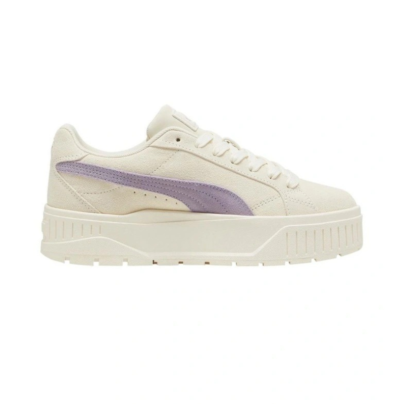 White sneaker with a purple logo on a white background