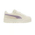 White sneaker with a purple logo on a white background