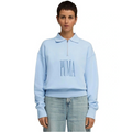 Person wearing a light blue Puma sweatshirt on a white background