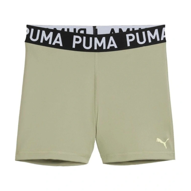 Green athletic shorts with a black Puma waistband on a white background
