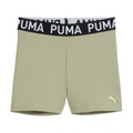 Green athletic shorts with a black Puma waistband on a white background