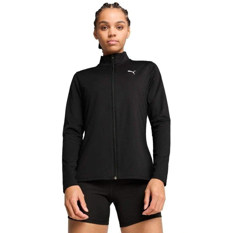 Person wearing a black jacket with a brand logo on a white background