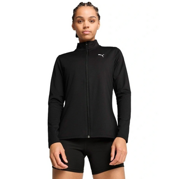 Person wearing a black jacket with a brand logo on a white background