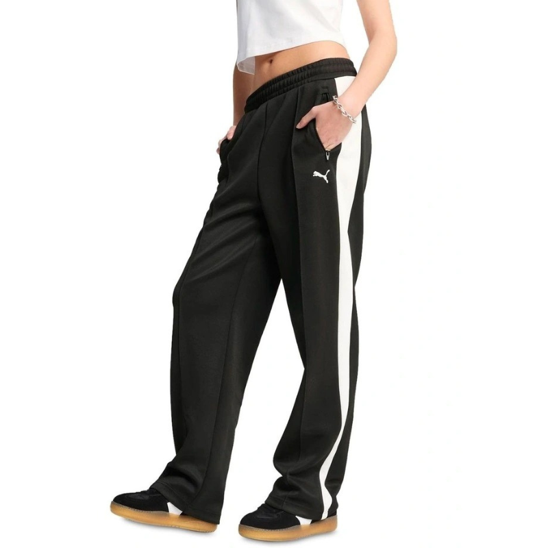 Black track pants with a white stripe and Puma logo on a white background