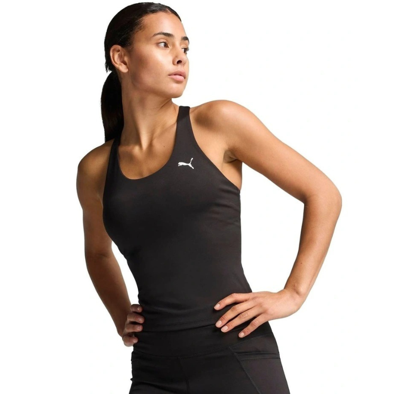 Woman wearing a black tank top with a brand logo on a white background