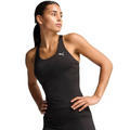 Woman wearing a black tank top with a brand logo on a white background