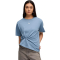 Woman wearing a blue t-shirt with a brand logo on a white background