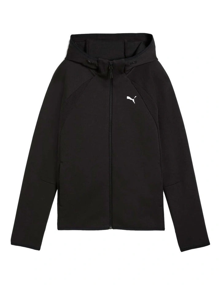 Puma Evostripe Full-Zip Hoodie with reflective cat logo, high neck hood, full zip closure, raglan sleeves, and breathable mesh details