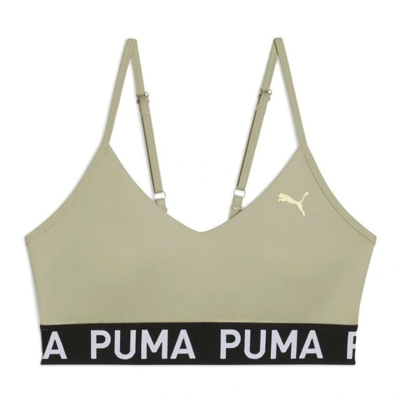 Beige sports bra with Puma logo on a white background