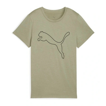 Beige t-shirt with a black outline of a cat logo on a white background