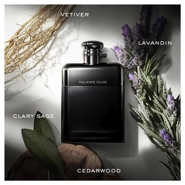 Black Ralph's Club perfume bottle with botanical elements on a gray background