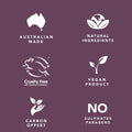 Set of icons and text on a purple background indicating 'Australian Made', 'Natural Ingredients', 'Cruelty Free International', 'Vegan Product', 'Carbon Offset', and 'No Sulphates Parabens'.