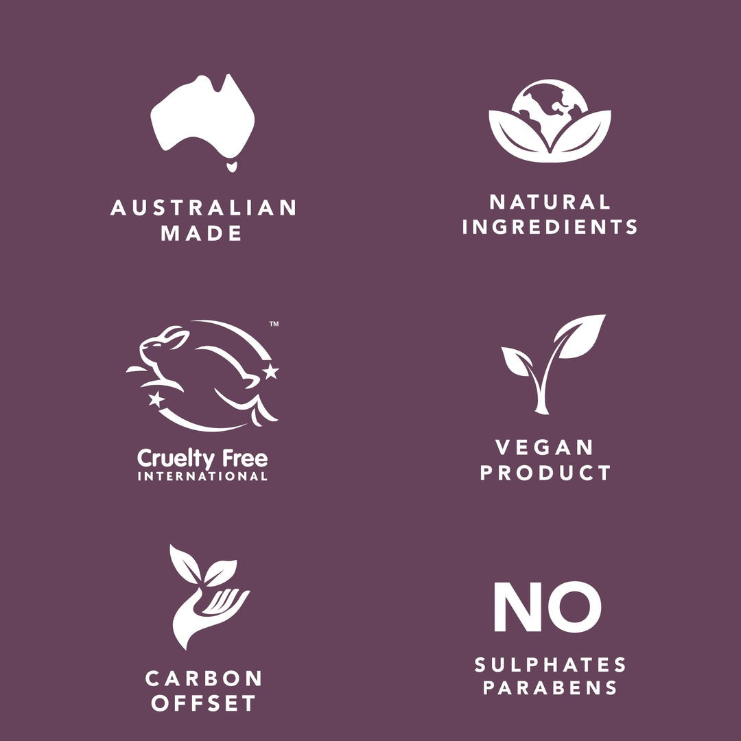 Set of icons and text on a purple background indicating 'Australian Made', 'Natural Ingredients', 'Cruelty Free International', 'Vegan Product', 'Carbon Offset', and 'No Sulphates Parabens'.