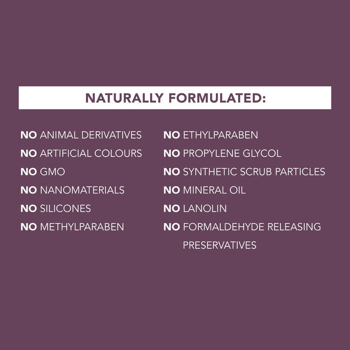 List of ingredients not used in a product on a purple background