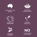 Set of icons and text on a purple background indicating 'Australian Made', 'Natural Ingredients', 'Cruelty Free International', 'Vegan Product', 'Carbon Offset', and 'No Sulphates Parabens'.