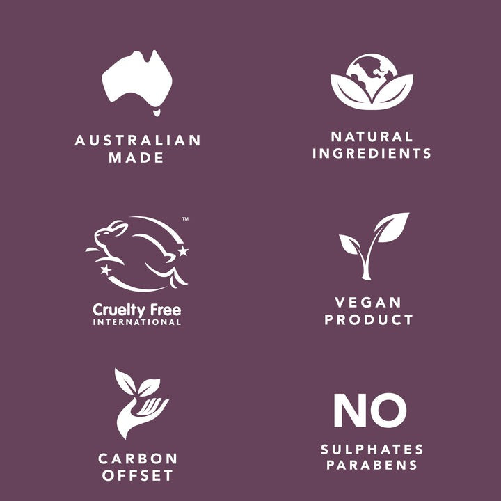 Set of icons and text on a purple background indicating 'Australian Made', 'Natural Ingredients', 'Cruelty Free International', 'Vegan Product', 'Carbon Offset', and 'No Sulphates Parabens'.