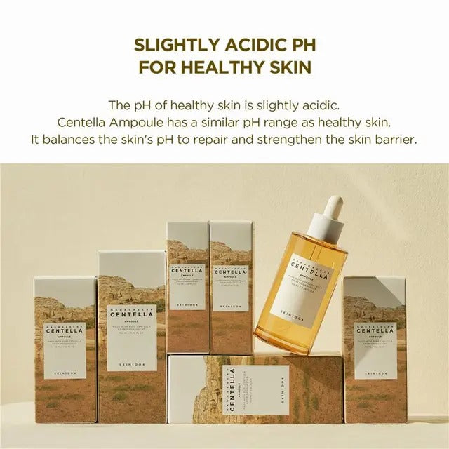 Centella skincare products with text about slightly acidic pH for healthy skin on a beige background