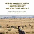 Scenic landscape with mountains and trees, featuring text about Madagascan Centella Asiatica.