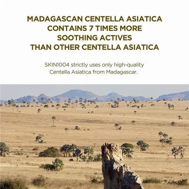 Scenic landscape with mountains and trees, featuring text about Madagascan Centella Asiatica.
