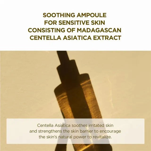 Soothing ampoule for sensitive skin with Madagascan Centella Asiatica extract on a beige background.