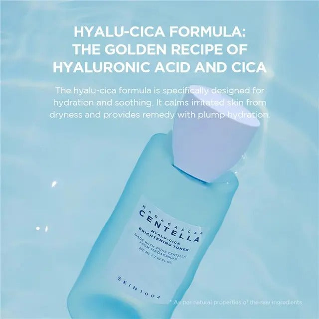 Blue skincare bottle with text about hyalu-cica formula on a light blue background