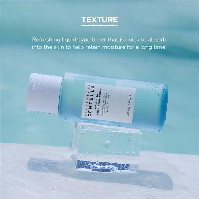 Skincare bottle with text on a blue background