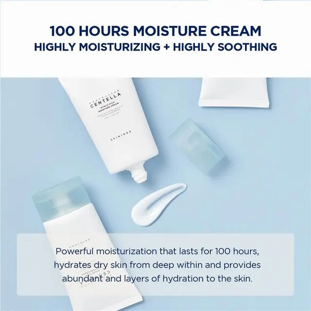 Centella Asiatica 100 Hours Moisture Cream with text on a light blue background