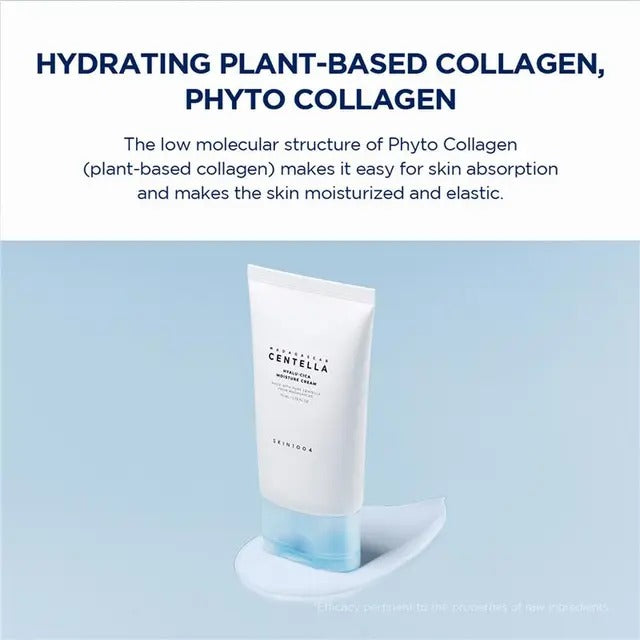 Tube of Centella Asiatica Extract on a light blue background with text about hydrating plant-based collagen.