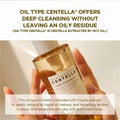 Hand holding a bottle of Mavana Centella cleansing oil with product description text overlay.