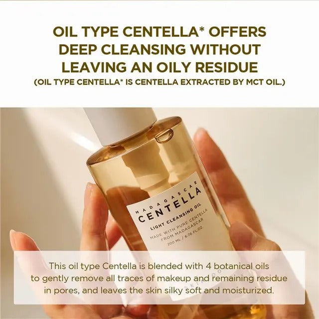 Hand holding a bottle of Mavana Centella cleansing oil with product description text overlay.
