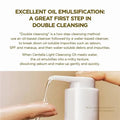White bottle being squeezed with text about oil emulsification and double cleansing.