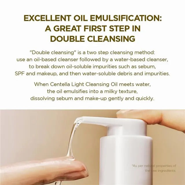 White bottle being squeezed with text about oil emulsification and double cleansing.