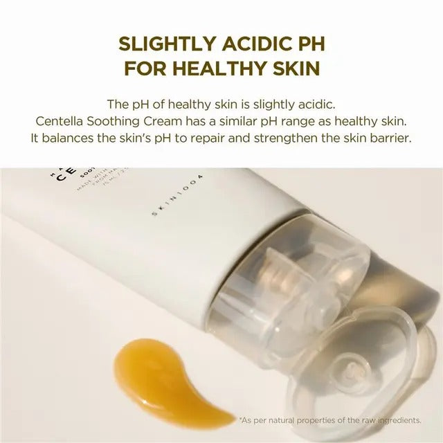 Centella Soothing Cream with text about slightly acidic pH for healthy skin