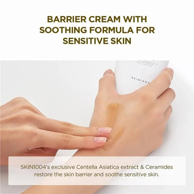 Barrier cream with soothing formula for sensitive skin being applied to a hand.