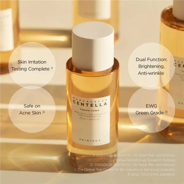 Bottle of Centella toning toner with text highlighting its features on a beige background