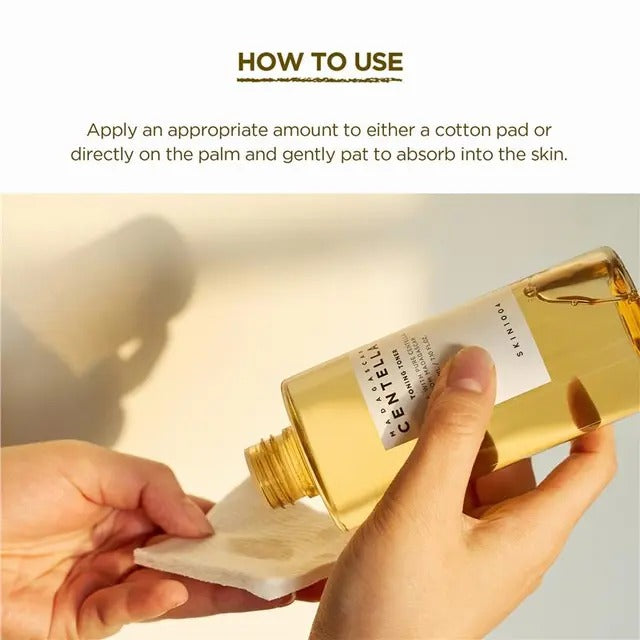 Gold bottle being used to apply a product to a cotton pad with text on how to use it.