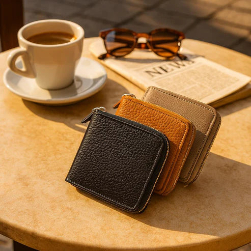 LeatherLuxe genuine leather wallet with zip closure — sleek brown card holder made from premium full-grain leather, designed for men and women for secure everyday use.
