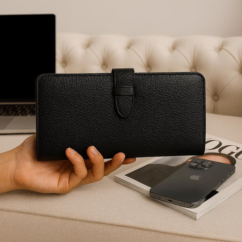 Elegant LeatherLuxe women’s leather clutch wallet featuring premium craftsmanship, sleek design, and multiple card holder compartments — perfect for stylish everyday use.