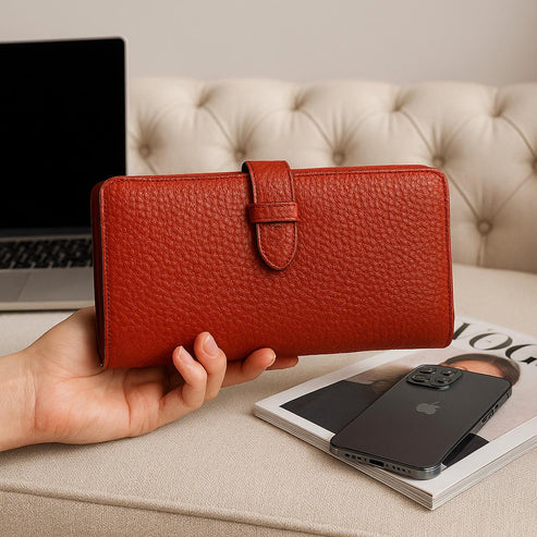 LeatherLuxe red leather clutch for women – luxury handcrafted wallet purse and card holder with sleek design and premium finish