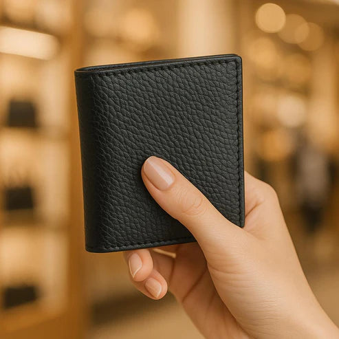 LeatherLuxe genuine leather card holder wallet in premium finish, showcasing sleek minimalist design and multiple card slots.