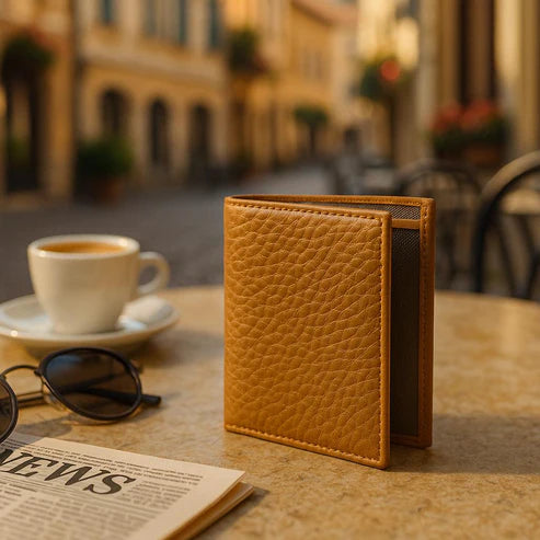 LeatherLuxe genuine leather card holder wallet in premium finish, showcasing sleek minimalist design and multiple card slots.