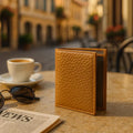 LeatherLuxe genuine leather card holder wallet in premium finish, showcasing sleek minimalist design and multiple card slots.