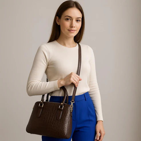 LeatherLuxe dark brown croc-embossed genuine leather office bag for men and women with premium finish and modern professional design
