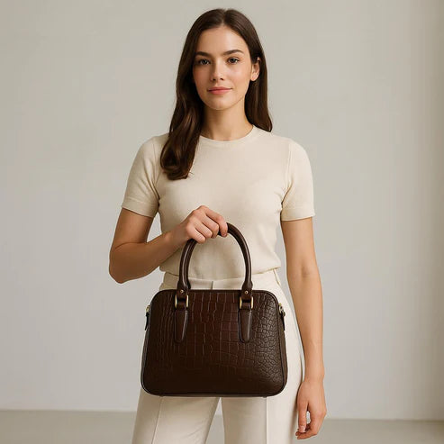 LeatherLuxe dark brown croc-embossed genuine leather office bag for men and women with premium finish and modern professional design