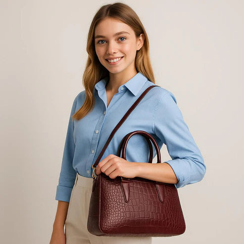 LeatherLuxe premium red leather office bag for professionals, stylish shoulder bag with sleek design, durable craftsmanship, and elegant finish.