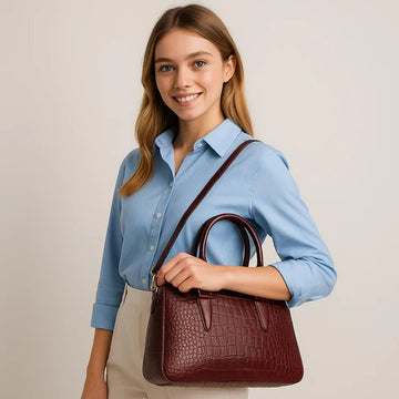 LeatherLuxe premium red leather office bag for professionals, stylish shoulder bag with sleek design, durable craftsmanship, and elegant finish.